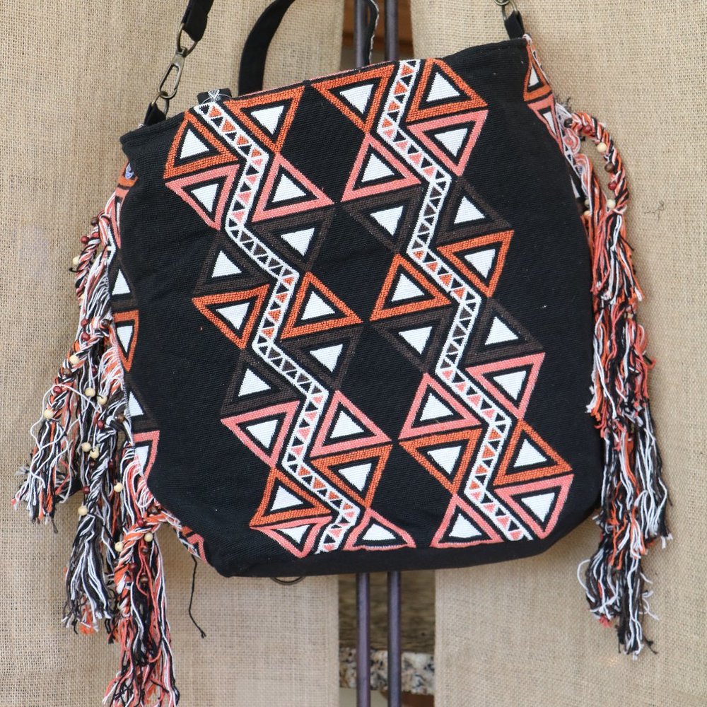 Black and Orange Fringe Hobo Bag